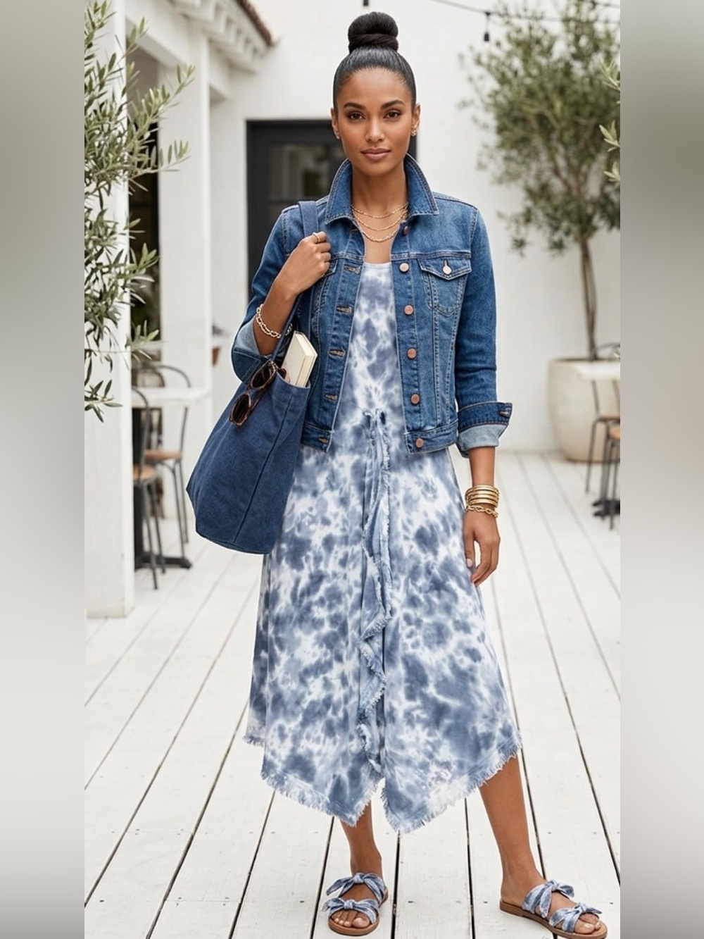 Tie-Dye Blue Midi Fairy Dress with Waist Tie